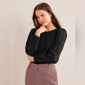 BODEN Crew Neck Broderie Sleeve Cotton Top Black Size Size 20